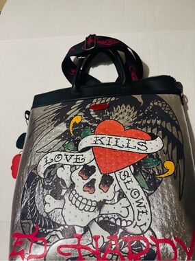 Ed Hardy Black Skull Tattoo Tote Bag backpack with Bag Charm BNWT